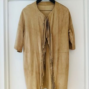 Yves Salomon - Beige Suede Jacket with Fringe Detail